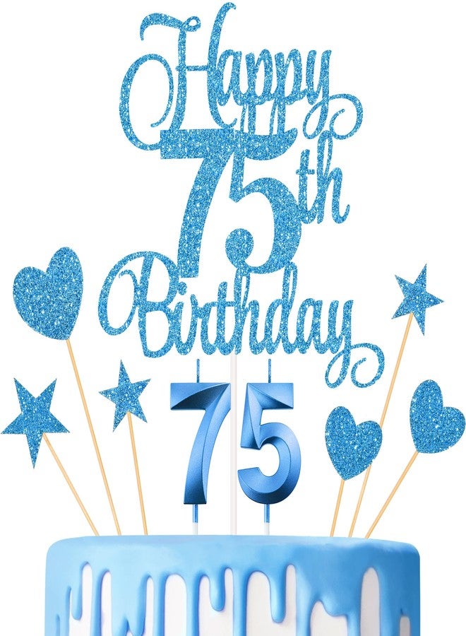 Lecferrarc 75th Birthday Cake Decorations, 75th Birthday Candles Cake Numeral Candles and Glitter Happy 75th Birthday Cake Toppers Set for Birthday Party Supplies (Blue) - Image 1